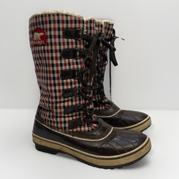 Sorel Winter Boots Wom Sz 8 US Red Plaid Lace Up Waterproof Sherpa Fleece Lined - Picture 1 of 12